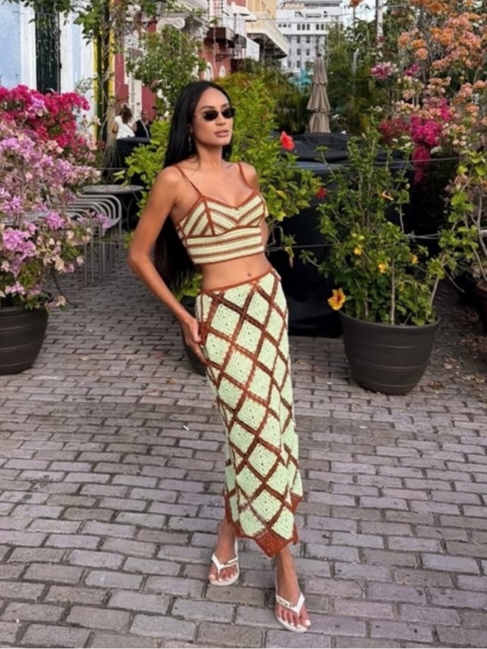 Zara Mint and Brown Crochet Two-Piece Midi Skirt Set